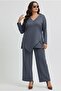 Women's Plus Size Three-Quarter Sleeve Asymmetrical Cut Stone Print Detailed Tracksuit Set 8247-26