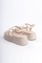 Cream Buckled Striped Detail Women's Flat Sandals - 5