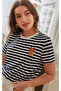 Popular Mix Printed Navy Blue Striped Detailed Regular Fit Women's T-Shirt