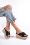 Black Straw Look Women's Wedge Heel Slipper - 2