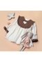 Girl's Brown Heart Detailed Long Sleeve Dress Linen Ecru Color