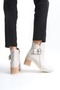 Cream Buckled Zippered Women's Heeled Boots