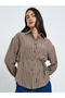 Brown Striped Long Sleeve Shirt with Tie Waist