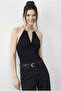 Women's Black Bodysuit with Accessories at Neckline and Snap Buttons at Bottom 3546 60286007 - 3