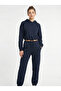 Women's Navy Blue Hooded Elastic Waist Brushed Inside Bottom-Top Tracksuit Set Nj117