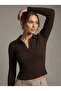 Women's Bitter Brown Polo Collar Short Blouse Nj114 - 2
