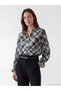 Gray Ruffled Collar Plaid Women's Shirt
