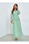 Green Mesh Gathered Long Sleeves Maxi Dress