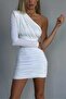 Sandy Fabric Single Sleeve Padded Shoulders Double Layer Lined Ruched Dress - 3
