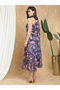 Women Purple Floral Print One Shoulder Midi Dress - 3