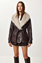 Fur Collared Belted Faux Leather Jacket Lax0006 Mürdüm