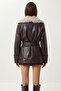 Fur Collared Belted Faux Leather Jacket Lax0006 Mürdüm - 5