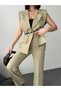 Plus Size Gold Buckle Set Belt in Padded Shoulders Elegant Oversized Vest and Trousers-Green - 4