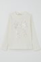 Girl's Long Sleeve T-Shirt with Sequin Bow Embroidery, Ages 8-12, Ecru - 5