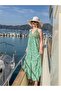 Green Color Stone and Sequin Embroidered Halter Neck Dress Tie-Detail Open Back Silk - 5