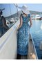 Blue Color Gold and Sequin Detailed Embroidered Madonna Collar Short Sleeve Dress Silk - 5