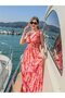 Pink Color Gold Detailed Madonna Collar Short Sleeve Silk Dress - 3
