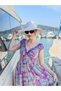 Purple Color Gold Detailed Madonna Collar Short Sleeve Silk Dress - 3