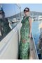 Green Color Gold and Sequin Detailed Embroidered Madonna Collar Short Sleeve Dress Silk - 3