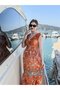 Orange Color Gold and Sequin Detailed Embroidered Madonna Collar Short Sleeve Dress Silk