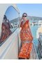 Orange Color Gold and Sequin Detailed Embroidered Madonna Collar Short Sleeve Dress Silk - 5
