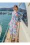 Turquoise Color Positano Coral Patterned Two Y Side Slit Button Long Shirt Dress