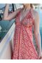 Pink Color Stone and Sequin Embroidered Halter Neck Dress Tie-Detail Open Back Silk - 3