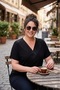 Women's Black Plus Size V-Neck Row Bead Embroidered E Stretchy Short Sleeve V Viscose Blouse - 7