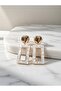 White Marble Patterned Gold Color Rectangular Framed Steel Earrings - Tarnish Resistant - 3