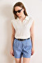 Women's Ecru Polo Collar Viscose Content D Drapey Knitwear Blouse Blz-19003249 - 3