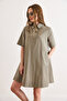 Women's Khaki Shirt Collar Pocketed Mini Parachute Dress Elb-19002594 - 4