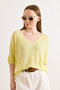 Women's Yellow V-Neck Mercerized Bat Drapey Knitwear Blouse Blz-19003210 - 2