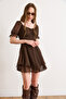 Women's Brown Lined Skirt Ruffled Mini Chiffon Dress Elb-19002598 - 5