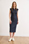 Women's Navy Blue Drape Detailed Stretch Fabric Midi Denim Dress Elb-19002600 - 2