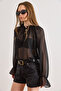 Women's Black Collar Cuff Detailed Boho Stylish Blouse Blz-19003245