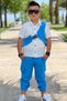 Boy's Gabardine Shirt and Belt Pair of Vest Cargo Pocket Piece Pants Blue Top and Bottom Set - 5