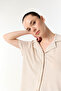 Women's Stone Color V-Neck Buttoned Short Sleeve Knitted T-Shirt - 5