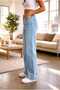 Snow Wash Blue Lycra Super High Waist Loose Jeans Palazzo Trousers - 2