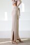 A.Beige Drawstring Waist Slit Corded Fabric Women's Knitwear Trousers - 3