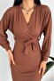 Women's Belted Double-Breasted Collar Knitted Dress Dpkklf47 - 4