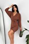 Women's Belted Double-Breasted Collar Knitted Dress Dpkklf47 - 3