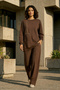Zipper and Ribbed Detail Tunic Trousers Set 1077 Brown