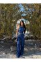 Women's Navy Halter Neck Cropped & Wide-Leg Pants Ruffle Detail Gagari Set - 2
