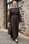 Dark Brown Modal Dress with Gold Brooch and Belt - 2