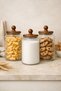 3-Piece Set of 1700 ml Striped Glass Jars with Acacia Lids, Dry Food Storage Jar, Stylish & Organized Kitchen