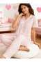 Pink Color Striped Heart Pattern Shirt Collar Milan Fabric Women's Pajama Set - 3