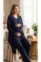 Yenisezon Navy Blue Lace Embroidered Summer 100% P Cotton Buttoned Maternity Maternity Dressing Gown Pajama Set - 7