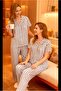 White Color Gray Striped Heart Pattern Shirt Collar Buttons Milan Fabric Women's Pajama Set - 4