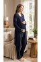 Yenisezon Navy Blue Lace Embroidered Summer 100% P Cotton Buttoned Maternity Maternity Dressing Gown Pajama Set - 3