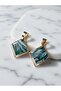 Green Marble Patterned Gold Color Square Framed Steel Earrings-Non Tarnish